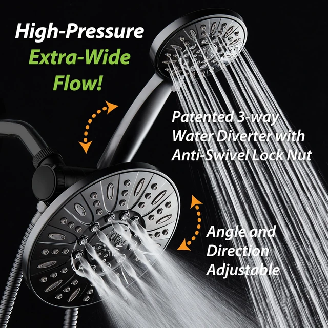 Alt view image 4 of 6 - 7" Premium High Pressure 3-way Rain & Handheld Shower Head Combo Enjoy Dual 6-Setting Luxury Shower Heads Separately or Together for the Best of Both Worlds! Stainless Steel Hose - Black