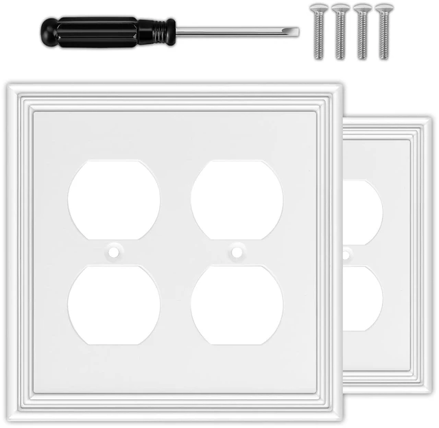 Main image of White Decorative Double Outlet Covers Wall Plates 2 Pack Natural Material Light Switch Plate - Modern Style 2 Gang Duplex Outlet Covers for Bathroom Kitchen