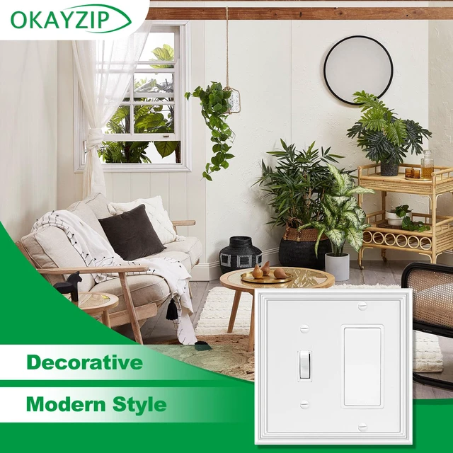 Alt view image 4 of 6 - White Decorative Combo 1 toggle/1 decorator Switch Plate Covers 2 Pack Natural Material Wall Plates 2 Gang Combination Rocker Light Switch Plate Outlet Covers - Modern Style