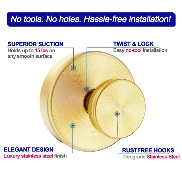 Alt view image 6 of 7 - Suction Cup Hooks for Shower, Towel Hooks for Bathroom Window Glass, Bath Robe Looafh Hook for Hanging - 2 Pack, Gold