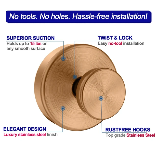 Alt view image 7 of 7 - Suction Cup Hooks for Shower, Removable Towel Hooks for Bathroom Window Glass Door Wall, Bath Robe Looafh Wreath Hook for Hanging - 2 Pack, Champagne Bronze