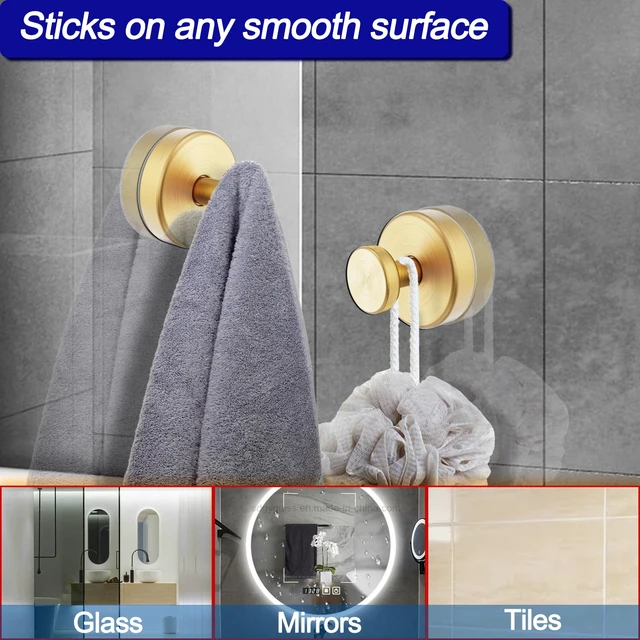 Alt view image 4 of 7 - Suction Cup Hooks for Shower, Towel Hooks for Bathroom Window Glass, Bath Robe Looafh Hook for Hanging - 2 Pack, Gold