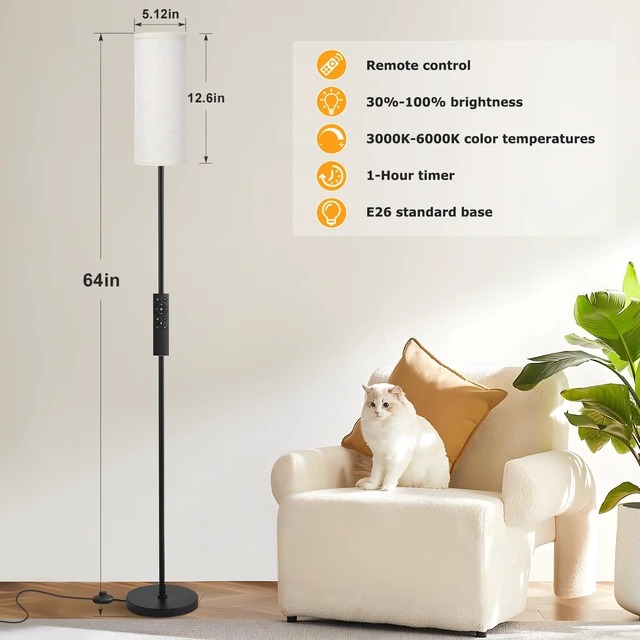Alt view image 2 of 7 - 64'' Floor Lamps for Living Room with Remote Control and Stepless Dimmable Colors Temperature & Brightness, 9W Bulb Included(Beige Lampshade & Black Pole)