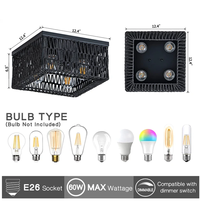 Alt view image 3 of 7 - Black Rattan Ceiling Light, 4-Light Boho Light Fixture, Square Flush Mount Ceiling Light for Bedroom, Hallway, Entryway, Kitchen, Living Room