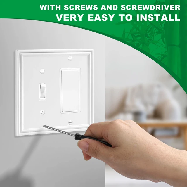 Alt view image 6 of 6 - White Decorative Combo 1 toggle/1 decorator Switch Plate Covers 2 Pack Natural Material Wall Plates 2 Gang Combination Rocker Light Switch Plate Outlet Covers - Modern Style