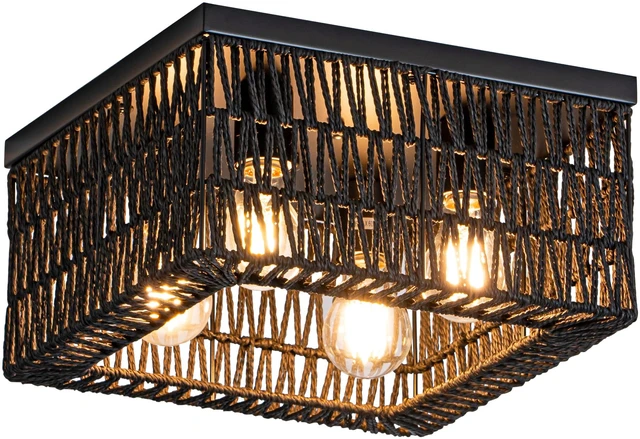 Main image of Black Rattan Ceiling Light, 4-Light Boho Light Fixture, Square Flush Mount Ceiling Light for Bedroom, Hallway, Entryway, Kitchen, Living Room