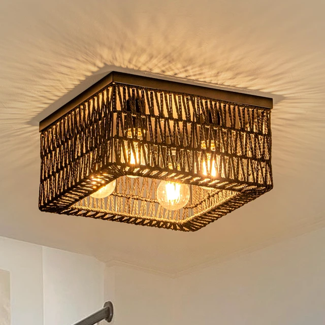 Alt view image 2 of 7 - Black Rattan Ceiling Light, 4-Light Boho Light Fixture, Square Flush Mount Ceiling Light for Bedroom, Hallway, Entryway, Kitchen, Living Room