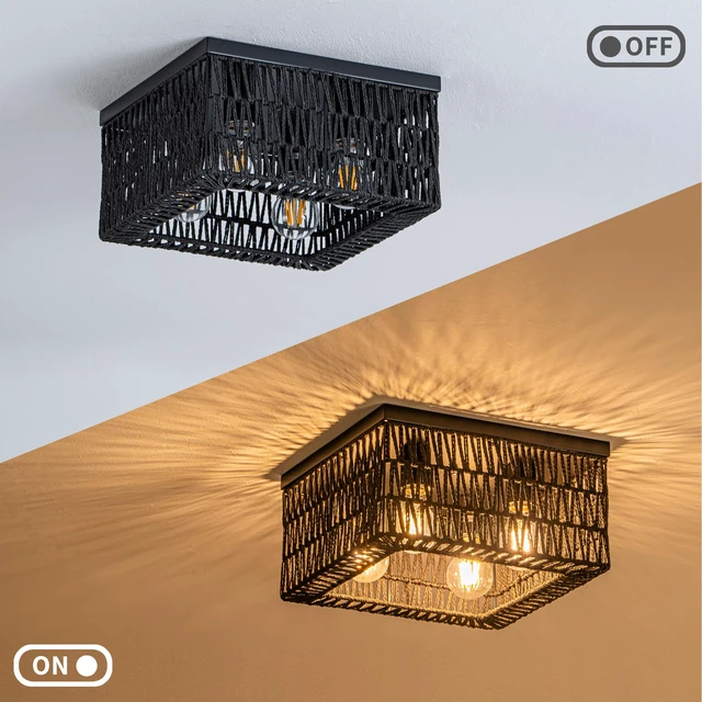 Alt view image 4 of 7 - Black Rattan Ceiling Light, 4-Light Boho Light Fixture, Square Flush Mount Ceiling Light for Bedroom, Hallway, Entryway, Kitchen, Living Room