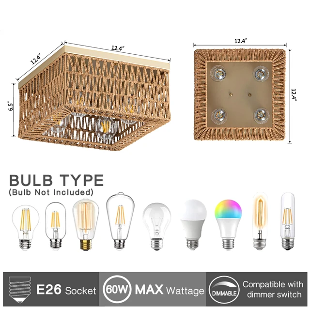 Alt view image 3 of 7 - Rattan Ceiling Light, 4-Light Boho Light Fixture, Square Flush Mount Ceiling Light for Bedroom, Hallway, Entryway, Kitchen, Living Room