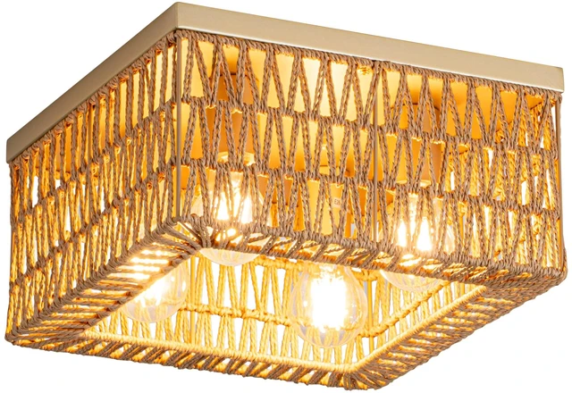 Main image of Rattan Ceiling Light, 4-Light Boho Light Fixture, Square Flush Mount Ceiling Light for Bedroom, Hallway, Entryway, Kitchen, Living Room