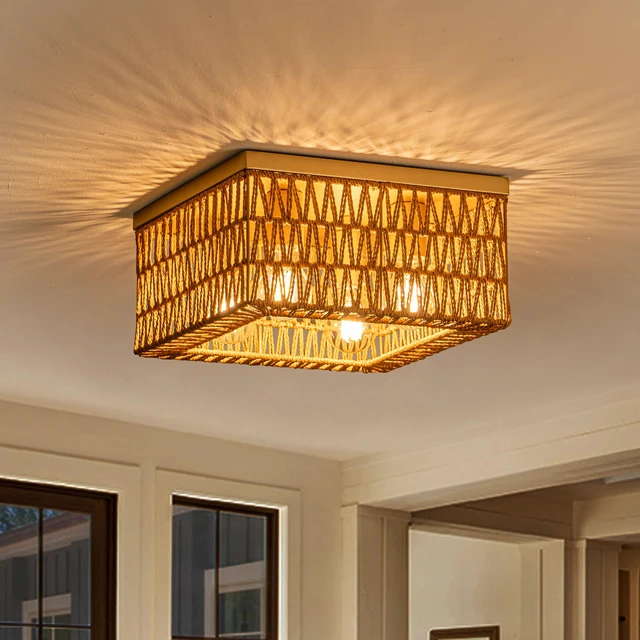 Alt view image 2 of 7 - Rattan Ceiling Light, 4-Light Boho Light Fixture, Square Flush Mount Ceiling Light for Bedroom, Hallway, Entryway, Kitchen, Living Room