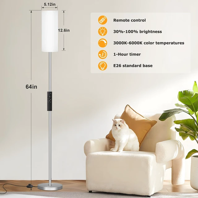 Alt view image 2 of 7 - 64'' Floor Lamps for Living Room with Remote Control and Stepless Dimmable Colors Temperature & Brightness, 9W Bulb Included(White Lampshade & Silver Pole)
