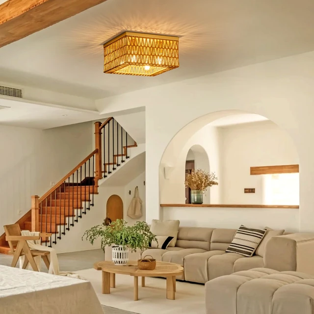 Alt view image 5 of 7 - Rattan Ceiling Light, 4-Light Boho Light Fixture, Square Flush Mount Ceiling Light for Bedroom, Hallway, Entryway, Kitchen, Living Room