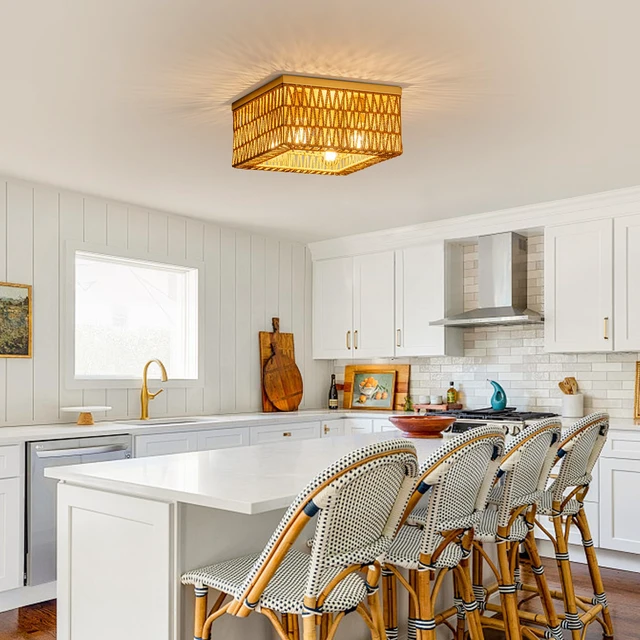 Alt view image 6 of 7 - Rattan Ceiling Light, 4-Light Boho Light Fixture, Square Flush Mount Ceiling Light for Bedroom, Hallway, Entryway, Kitchen, Living Room