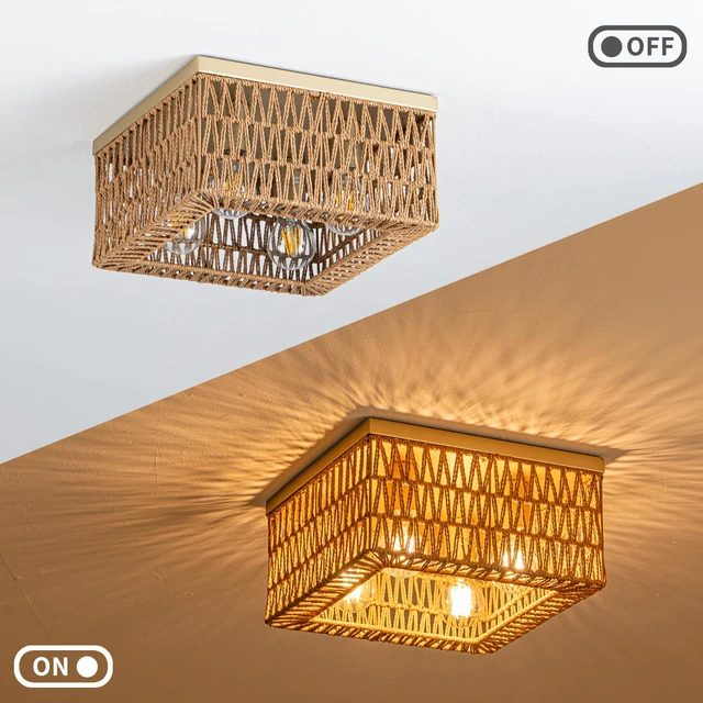 Alt view image 7 of 7 - Rattan Ceiling Light, 4-Light Boho Light Fixture, Square Flush Mount Ceiling Light for Bedroom, Hallway, Entryway, Kitchen, Living Room
