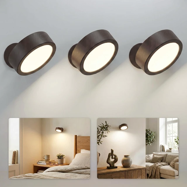 Main image of LED Wall Mounted Light, 3000mAh Rechargeable Cordless Wall Sconce, Dimmable with Remote & Touch Control, 3 Color Temps, 360° Rotatable for Bedroom, Bedside, Reading(Walnut, 3Pack)