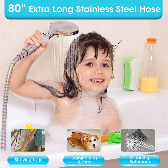 Alt view image 4 of 7 - High Pressure Filtered Handheld Shower Head with Hose, Chrome 80" Long Stainless Steel Hose, ON/OFF Switch for Pets Bath, Filter Beads for Hard Water, Remove Chlorine & Reduce Dry Skin