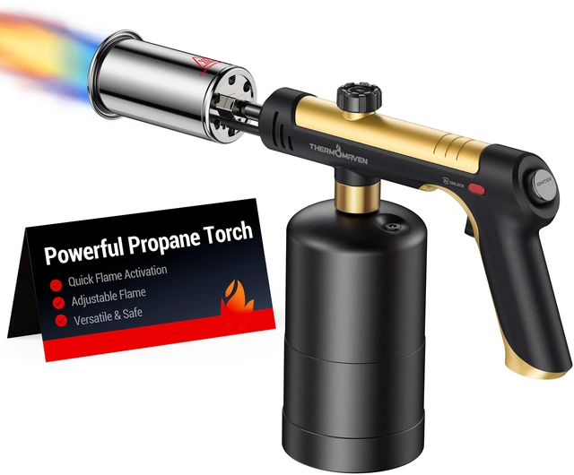 Main image of Propane Torch Gun, One-Touch Max Fire Flame Thrower, Gold Safety Lock, Adjustable Flame for Charcoal Lighting, Grilling, Sous Vide, BBQ, and Kitchen Food Searing (Tank Not Included)