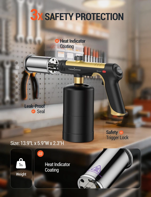 Alt view image 2 of 7 - Propane Torch Gun, One-Touch Max Fire Flame Thrower, Gold Safety Lock, Adjustable Flame for Charcoal Lighting, Grilling, Sous Vide, BBQ, and Kitchen Food Searing (Tank Not Included)