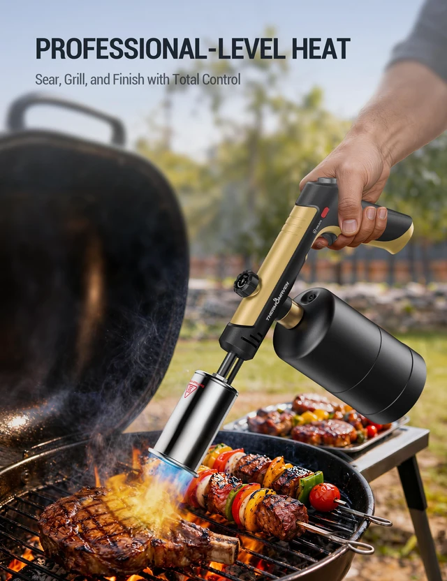 Alt view image 5 of 7 - Propane Torch Gun, One-Touch Max Fire Flame Thrower, Gold Safety Lock, Adjustable Flame for Charcoal Lighting, Grilling, Sous Vide, BBQ, and Kitchen Food Searing (Tank Not Included)