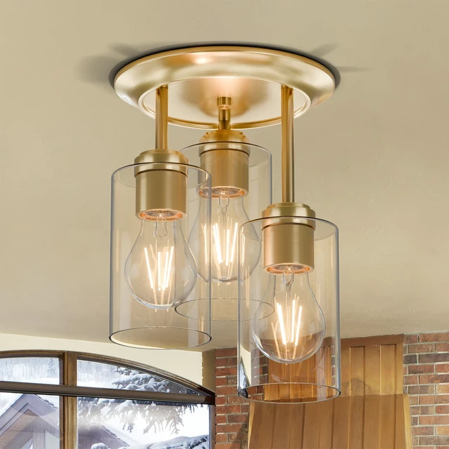 Main image of 3-Lights Semi Flush Mount Ceiling Light Fixture Gold for Kitchen Foyer/Entryway/Dining-Room/Hallway Farmhouse Industrial Home Decor Clear Glass Shade Hardwired E26 ETL-Listed 120V 60W Max