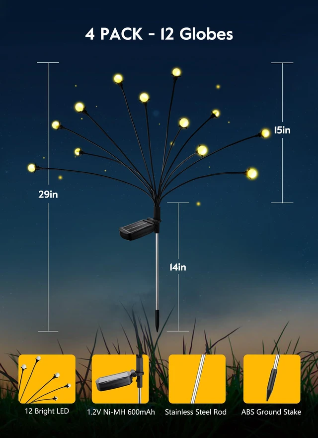 Alt view image 7 of 7 - Solar Firefly Lights 4 Pack-48LED Solar Lights Outdoor Waterproof Steady ON+Flash Solar Garden Lights IP65 Waterproof Fairy Lights for Garden Decor, Yard Decor, Pathway Decor, Christmas Decor