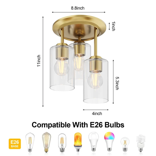 Alt view image 6 of 7 - 3-Lights Semi Flush Mount Ceiling Light Fixture Gold for Kitchen Foyer/Entryway/Dining-Room/Hallway Farmhouse Industrial Home Decor Clear Glass Shade Hardwired E26 ETL-Listed 120V 60W Max