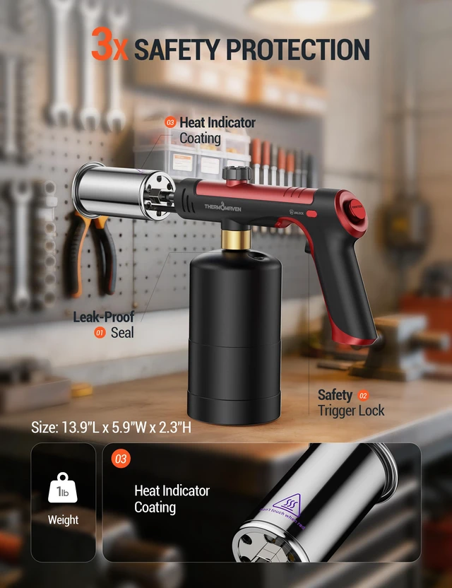 Alt view image 2 of 7 - Propane Torch Gun, One-Touch Max Fire Flame Thrower, Red Safety Lock, Adjustable Flame for Charcoal Lighting, Grilling, Sous Vide, BBQ, and Kitchen Food Searing (Tank Not Included)