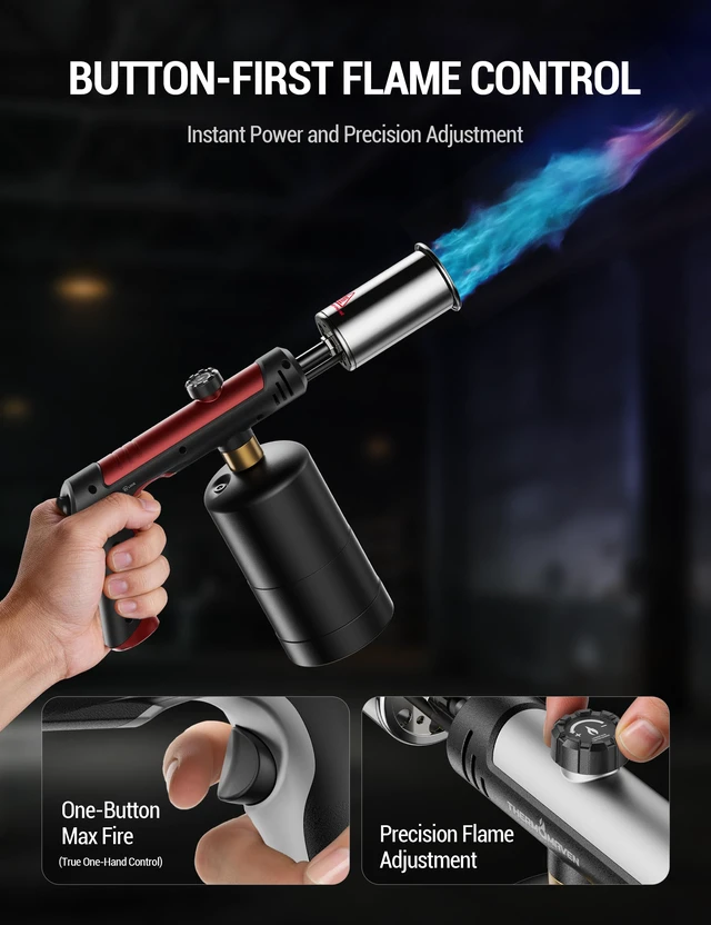 Alt view image 3 of 7 - Propane Torch Gun, One-Touch Max Fire Flame Thrower, Red Safety Lock, Adjustable Flame for Charcoal Lighting, Grilling, Sous Vide, BBQ, and Kitchen Food Searing (Tank Not Included)