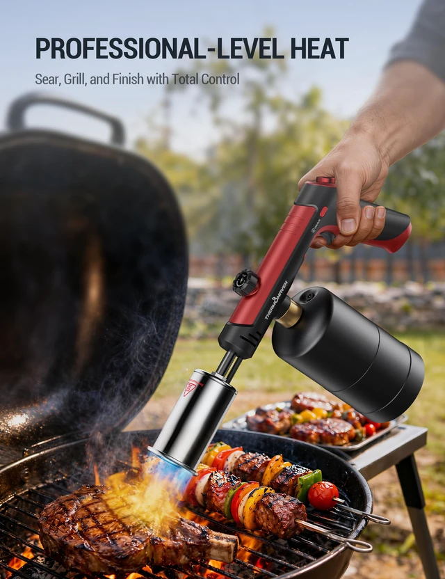 Alt view image 5 of 7 - Propane Torch Gun, One-Touch Max Fire Flame Thrower, Red Safety Lock, Adjustable Flame for Charcoal Lighting, Grilling, Sous Vide, BBQ, and Kitchen Food Searing (Tank Not Included)