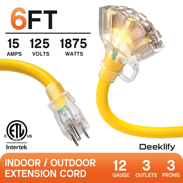 Alt view image 2 of 7 - 6 FT 12 Gauge Heavy Duty Extension Cord with Multiple Outlets 6 Feet 3 Outlet Yellow Extension Cord Heavy Duty, Indicator, Flexible Waterproof SJTW, 15A 1875W, ETL Listed, Home/Garden