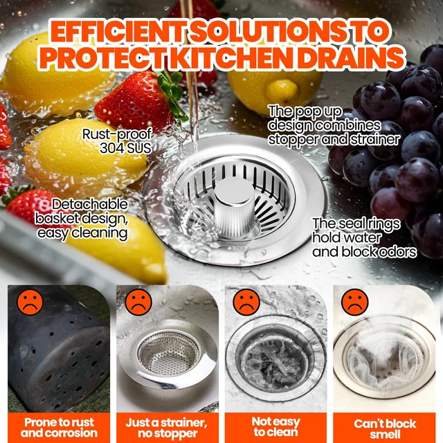 Alt view image 2 of 6 - 3 in 1 Kitchen Sink Drain Strainer and Stopper Brushed Silver Kitchen Sink Accessories Strainer Basket 2 Pack Stainless Steel Anti-Clog Catcher, Odor-Blocking Seal Fits 3.5" Drain