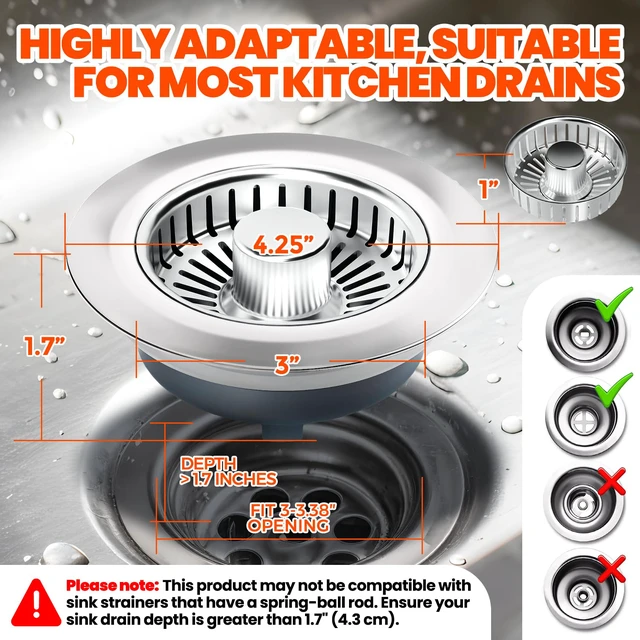 Alt view image 6 of 6 - 3 in 1 Kitchen Sink Drain Strainer and Stopper Brushed Silver Kitchen Sink Accessories Strainer Basket 2 Pack Stainless Steel Anti-Clog Catcher, Odor-Blocking Seal Fits 3.5" Drain