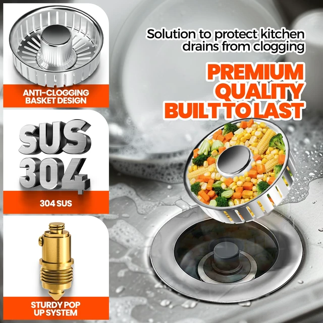 Alt view image 3 of 6 - 3 in 1 Kitchen Sink Drain Strainer and Stopper Brushed Silver Kitchen Sink Accessories Strainer Basket 2 Pack Stainless Steel Anti-Clog Catcher, Odor-Blocking Seal Fits 3.5" Drain