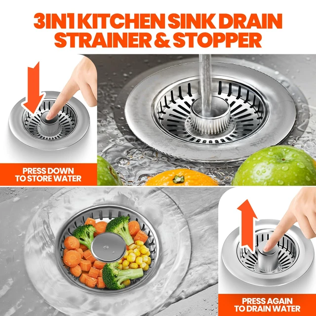 Alt view image 4 of 6 - 3 in 1 Kitchen Sink Drain Strainer and Stopper Brushed Silver Kitchen Sink Accessories Strainer Basket 2 Pack Stainless Steel Anti-Clog Catcher, Odor-Blocking Seal Fits 3.5" Drain