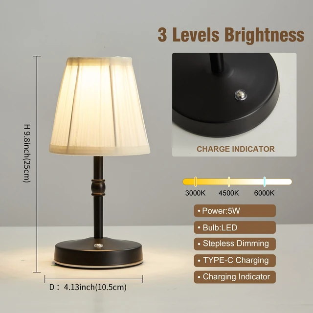 Alt view image 2 of 7 - 5W LED Cordless Mini Lamp,3000 mah Battery Operated Lamps,3 Color Temperature Dimmable Table Light,Small Rechargeable Lamp,Kitchen Lamps countertop,Restaurant (Black)