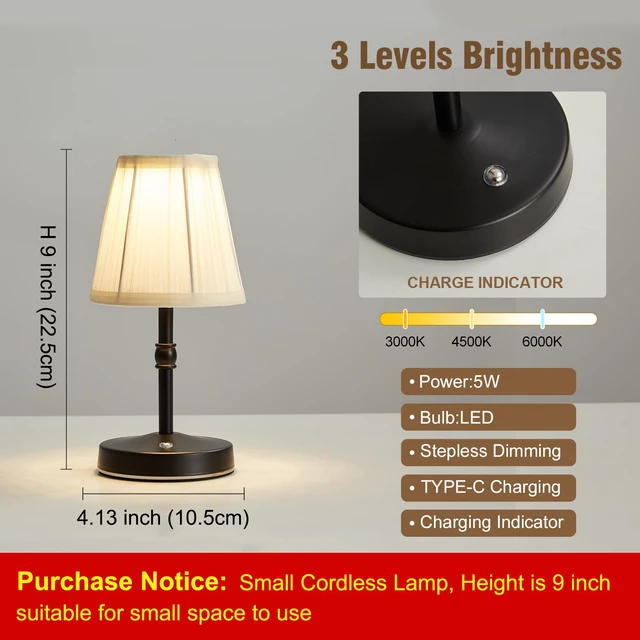 Alt view image 5 of 7 - 5W LED Cordless Mini Lamp,3000 mah Battery Operated Lamps,3 Color Temperature Dimmable Table Light,Small Rechargeable Lamp,Kitchen Lamps countertop,Restaurant (Black)