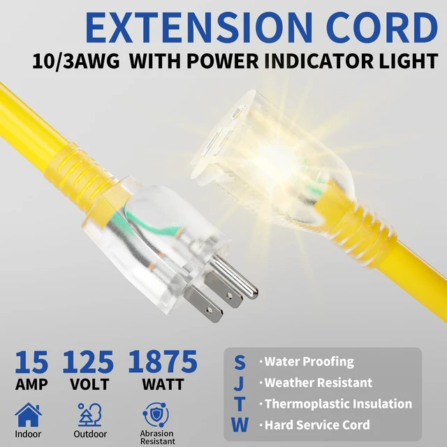 Alt view image 2 of 7 - 15ft Outdoor/Indoor Extension Cord with Lighted 10/3 Gauge Yellow 3 Prong, Heavy Duty, SJTW, Waterproof, Flexible Cold-Resistant extension cord for Home, Work or Construction, 15A 125V 1875W