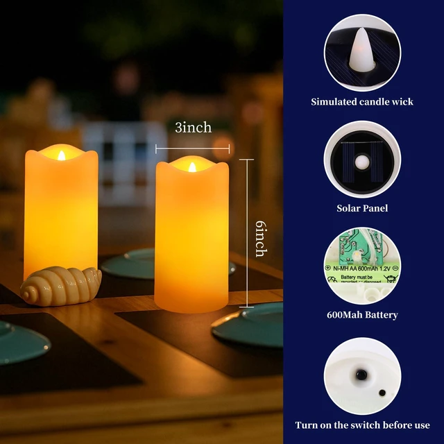 Alt view image 7 of 7 - Solar Candles Outdoor Waterproof 6 Pack, 3''x6'' Halloween Candle IP65 Waterproof, Solar Powered Flameless Candles for Lanterns, Auto On/Off Flickering Glow Dusk to Dawn, Decor for Garden