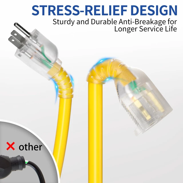 Alt view image 4 of 7 - 15ft Outdoor/Indoor Extension Cord with Lighted 10/3 Gauge Yellow 3 Prong, Heavy Duty, SJTW, Waterproof, Flexible Cold-Resistant extension cord for Home, Work or Construction, 15A 125V 1875W