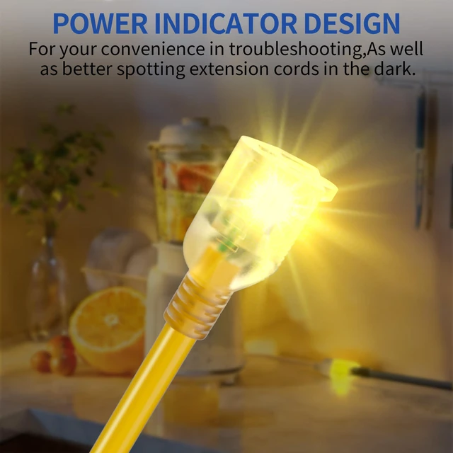 Alt view image 6 of 7 - 15ft Outdoor/Indoor Extension Cord with Lighted 10/3 Gauge Yellow 3 Prong, Heavy Duty, SJTW, Waterproof, Flexible Cold-Resistant extension cord for Home, Work or Construction, 15A 125V 1875W