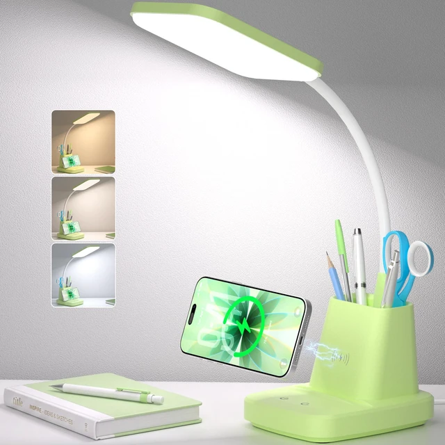 Main image of LED Desk Lamp with 10W Wireless Charging & Pen Holder, Light Green CRI 95, 800LM, Stepless Dimming, 3 Modes, 360°Flexible Arm, Touch, Study Table Lamp for Home Office, Dorm Room, with Adapter