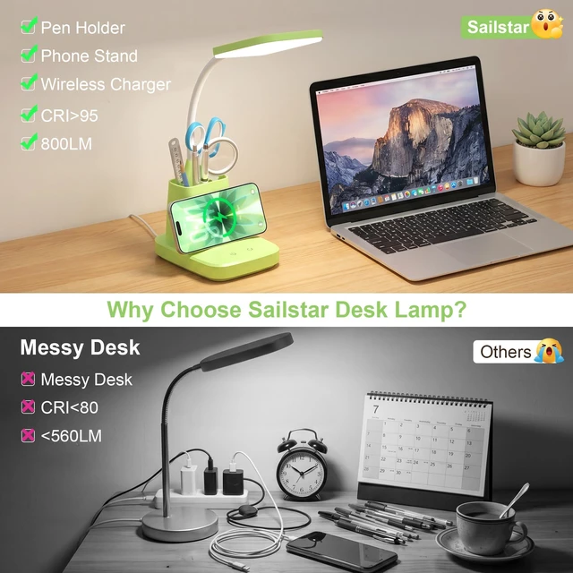 Alt view image 4 of 7 - LED Desk Lamp with 10W Wireless Charging & Pen Holder, Light Green CRI 95, 800LM, Stepless Dimming, 3 Modes, 360°Flexible Arm, Touch, Study Table Lamp for Home Office, Dorm Room, with Adapter