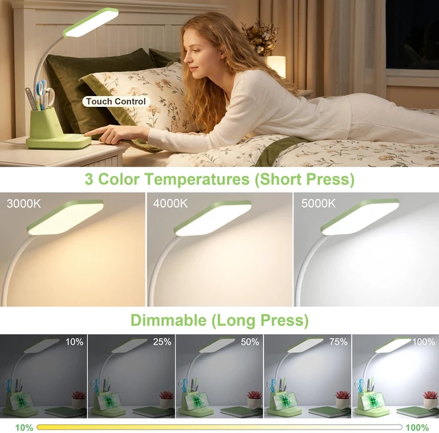 Alt view image 3 of 7 - LED Desk Lamp with 10W Wireless Charging & Pen Holder, Light Green CRI 95, 800LM, Stepless Dimming, 3 Modes, 360°Flexible Arm, Touch, Study Table Lamp for Home Office, Dorm Room, with Adapter