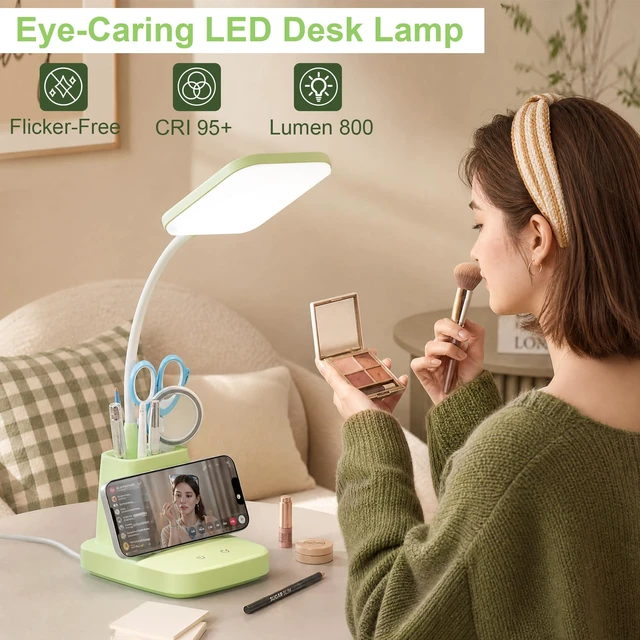 Alt view image 6 of 7 - LED Desk Lamp with 10W Wireless Charging & Pen Holder, Light Green CRI 95, 800LM, Stepless Dimming, 3 Modes, 360°Flexible Arm, Touch, Study Table Lamp for Home Office, Dorm Room, with Adapter