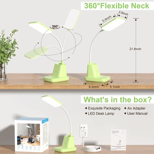Alt view image 5 of 7 - LED Desk Lamp with 10W Wireless Charging & Pen Holder, Light Green CRI 95, 800LM, Stepless Dimming, 3 Modes, 360°Flexible Arm, Touch, Study Table Lamp for Home Office, Dorm Room, with Adapter