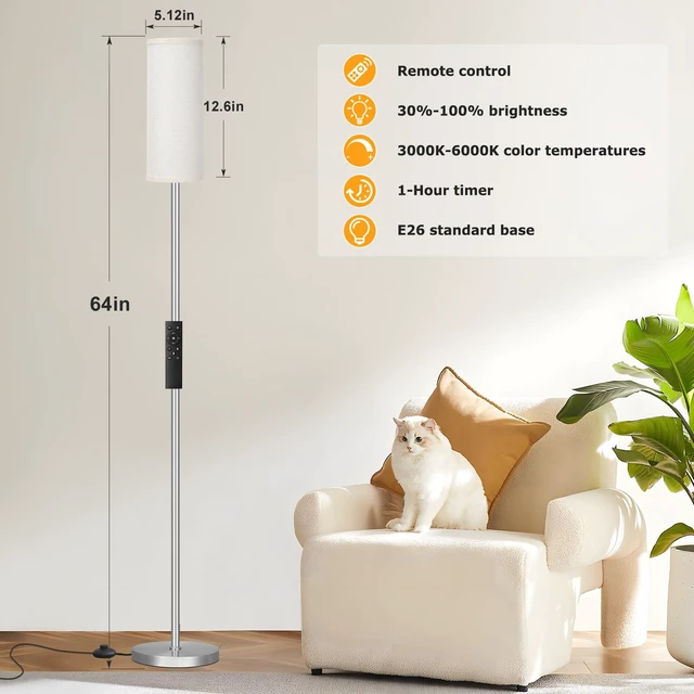 Alt view image 2 of 7 - 64'' Floor Lamps for Living Room with Remote Control and Stepless Dimmable Colors Temperature & Brightness, 9W Bulb Included(Beige Lampshade & Silver Pole)