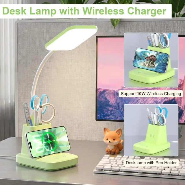 Alt view image 2 of 7 - LED Desk Lamp with 10W Wireless Charging & Pen Holder, Light Green CRI 95, 800LM, Stepless Dimming, 3 Modes, 360°Flexible Arm, Touch, Study Table Lamp for Home Office, Dorm Room, with Adapter