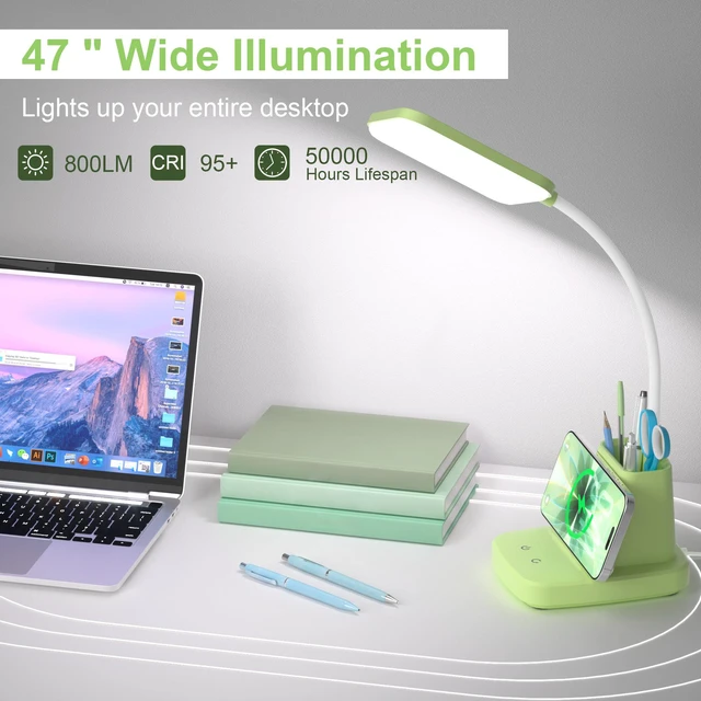 Alt view image 7 of 7 - LED Desk Lamp with 10W Wireless Charging & Pen Holder, Light Green CRI 95, 800LM, Stepless Dimming, 3 Modes, 360°Flexible Arm, Touch, Study Table Lamp for Home Office, Dorm Room, with Adapter