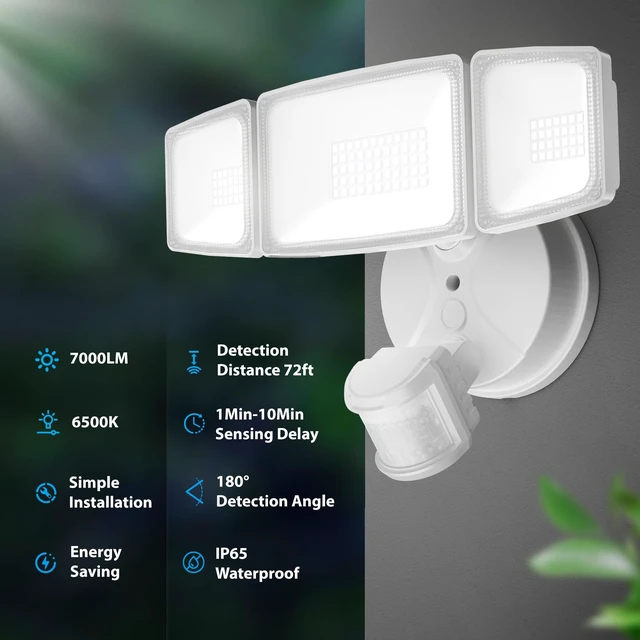 Alt view image 3 of 7 - 75W LED Flood Light Motion Sensor Outdoor, 7000lm Dusk to Dawn Flood Light, Security Light with Three Head, IP65 Waterproof Exterior Floodlight, 6500k Wall Light for Entryway Stairs Yard Garage